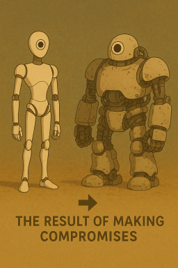 Two contrasting robots side by side with a caption reading 'THE RESULT OF MAKING COMPROMISES.