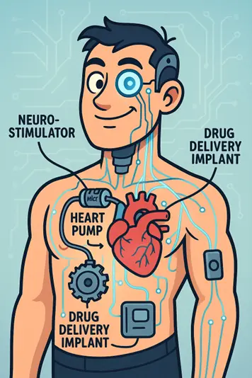 Cartoon of a human figure with labeled medical implants: neuro-stimulator in the head, heart pump in the chest, and drug delivery implants on the shoulder, abdomen, and side.